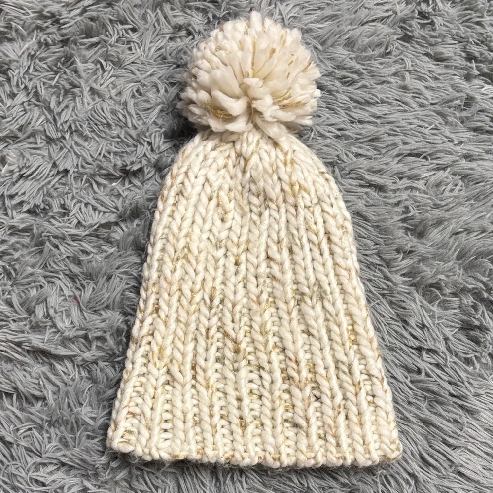 Y2k Ivory Knit Hat with Pom-Pom